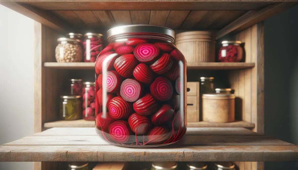 A jar filled with vibrant pickled red beets, sealed and labeled, placed on a wooden shelf in a pantry