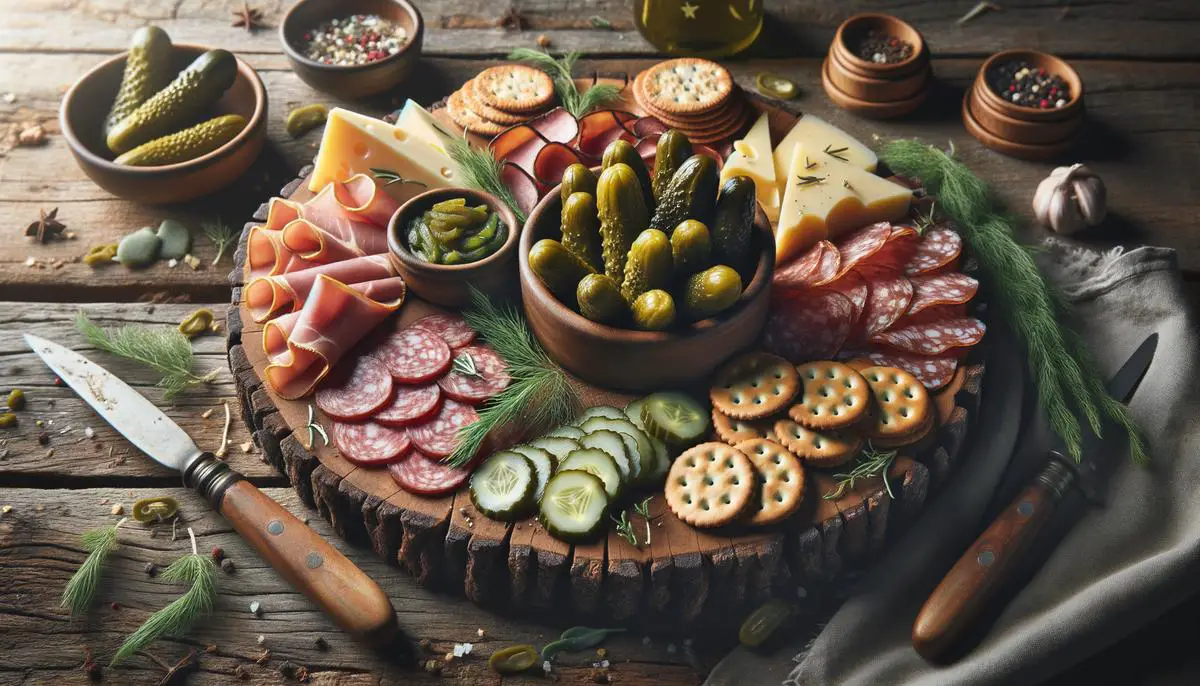 A charcuterie board featuring various cured meats, cheeses, crackers, and dill pickle spears