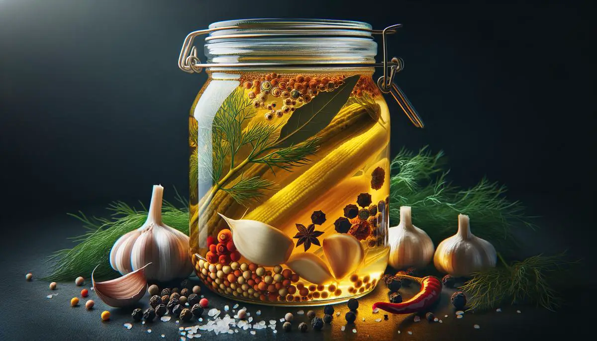 A jar of homemade pickling brine with carefully selected ingredients for a flavorful pickling experience