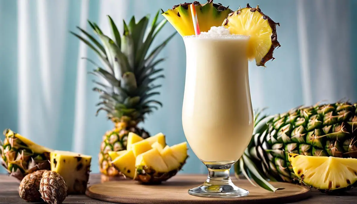 A refreshing Pina Colada cocktail served in a highball glass with a pineapple garnish and a straw.
