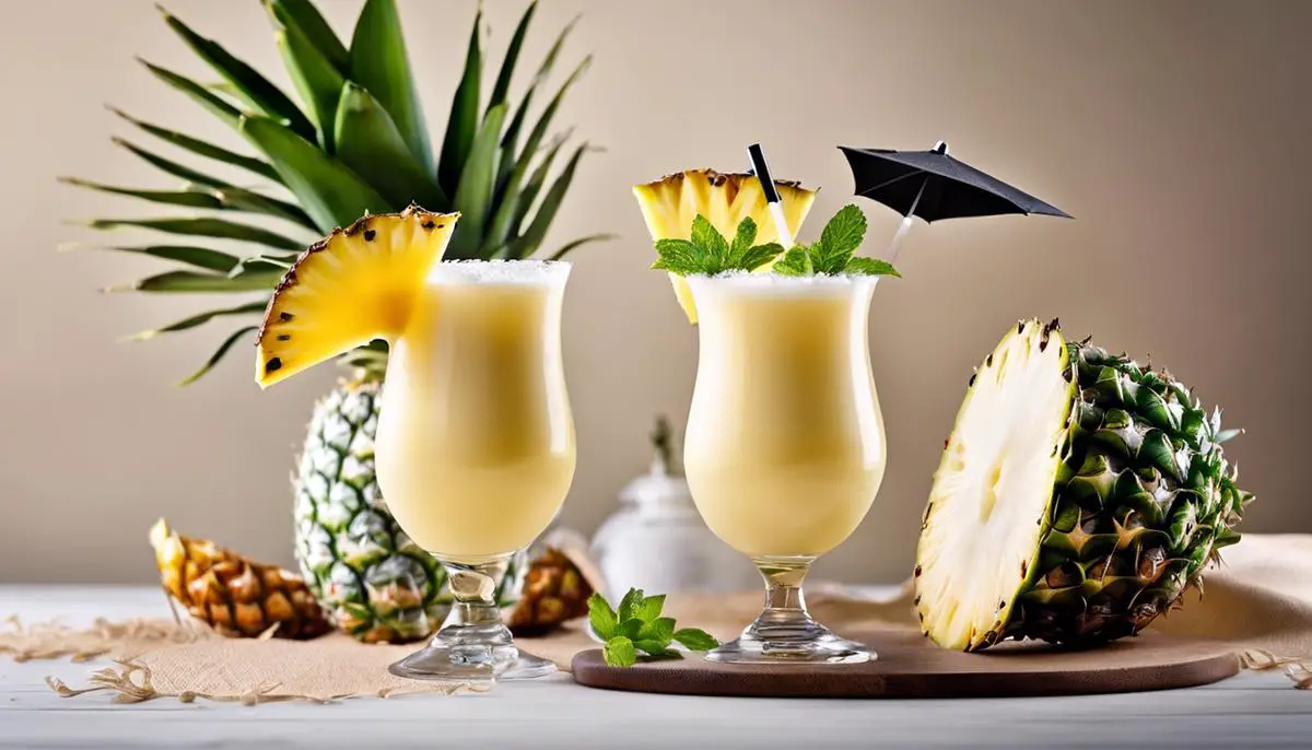 A refreshing Pina Colada cocktail in a glass with pineapple garnish and an umbrella.