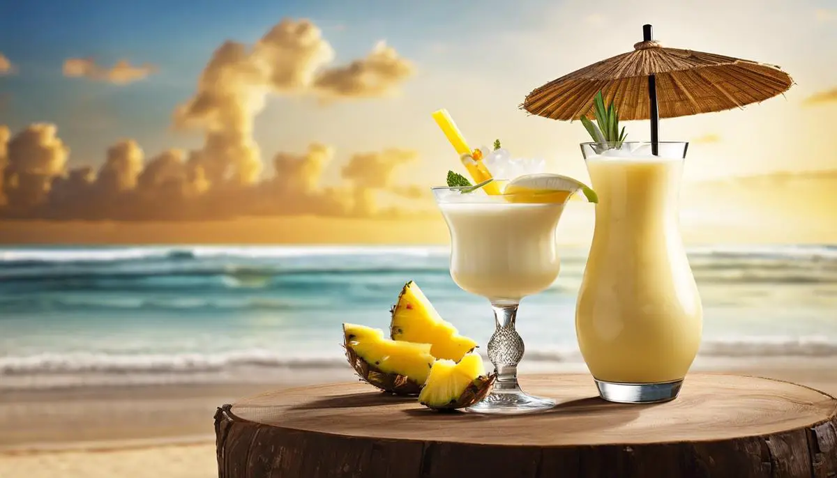 A tropical image of a well-crafted and refreshing Pina Colada cocktail, served in a glass garnished with a pineapple wedge and a cocktail umbrella.