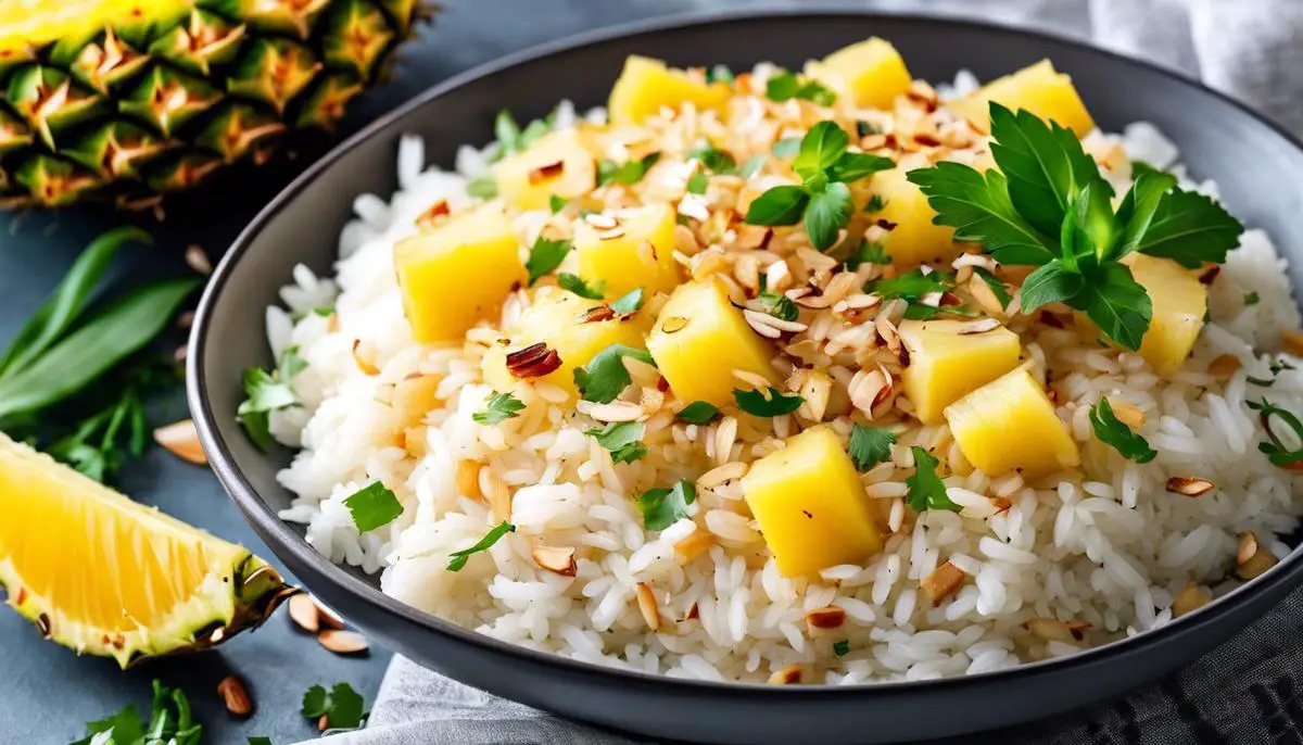 A photo of a plateful of pineapple and coconut rice, garnished with fresh herbs and toasted coconut flakes.
