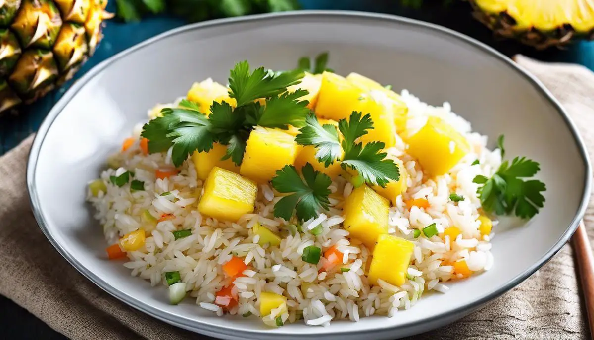 A dish of colorful Pineapple and Coconut Rice with a garnish of cilantro and pineapple chunks.