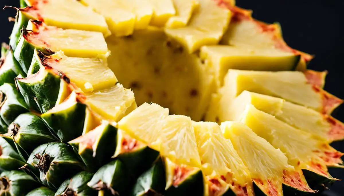 Image description: A close-up photo of a fresh pineapple with a slice cut out, showing its vibrant yellow flesh.
