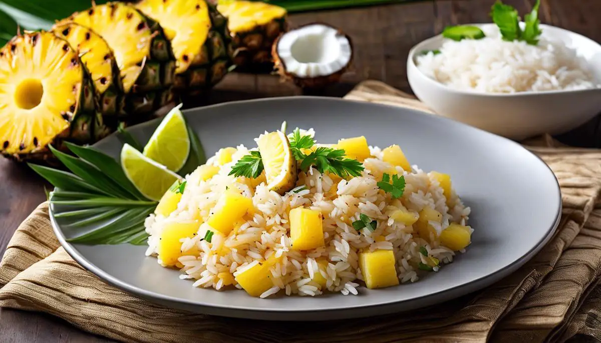 A plate of Pineapple Coconut Rice, a colorful and flavorful dish that brings together the tropical flavors of pineapple, coconut, and jasmine rice.