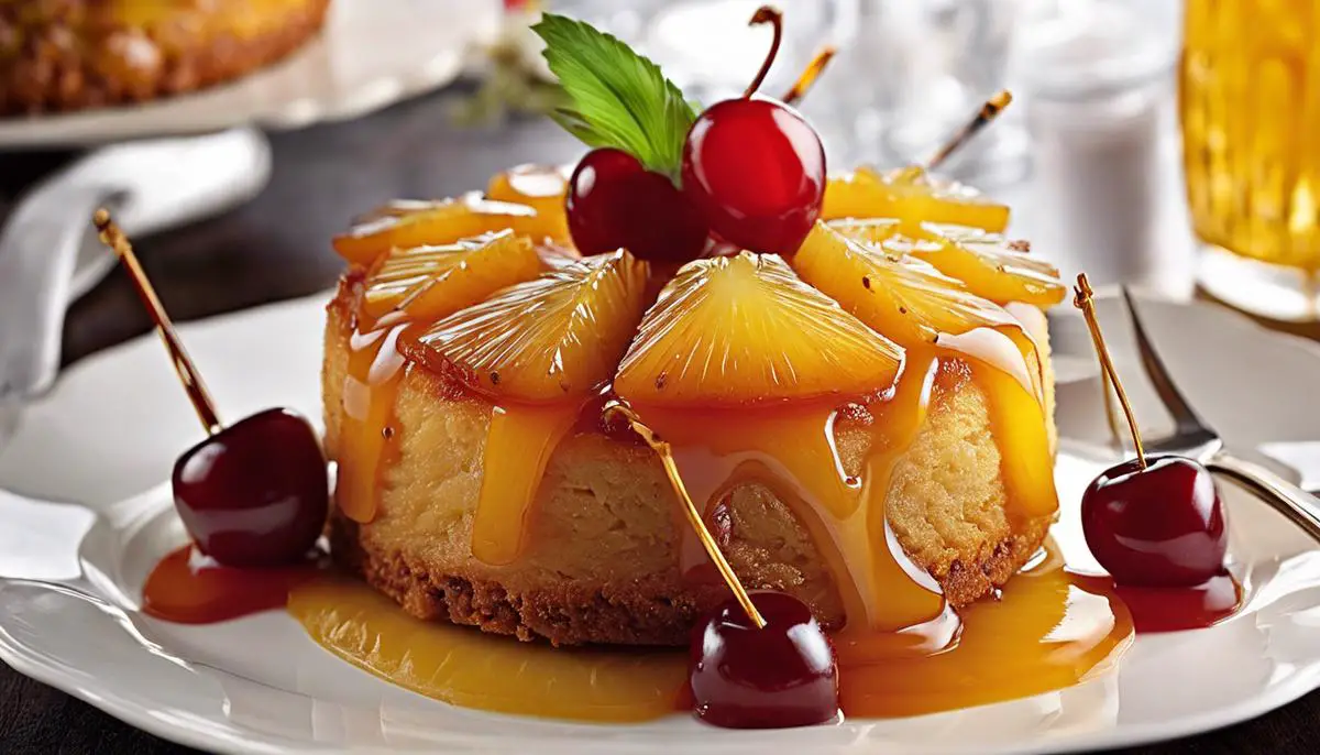 A close-up image of a pineapple upside-down cake, with caramelized pineapple slices and cherries nestled on a golden cake base.
