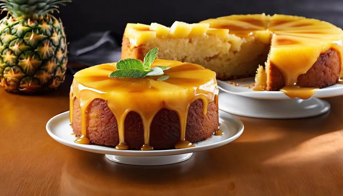A close-up image of a pineapple upside-down cake, with a golden caramel glaze, slices of pineapple, and moist sponge texture.