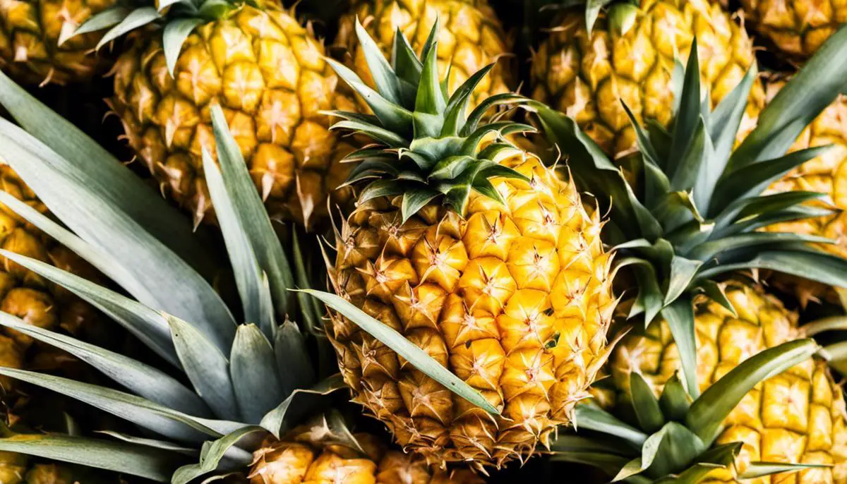 A close-up image of a ripe pineapple, showcasing its spiky exterior and vibrant yellow flesh.