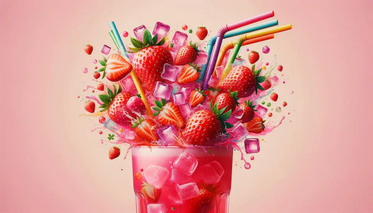 A refreshing and vibrant pink drink, garnished with strawberries and a colorful straw, representing the perfect summer beverage