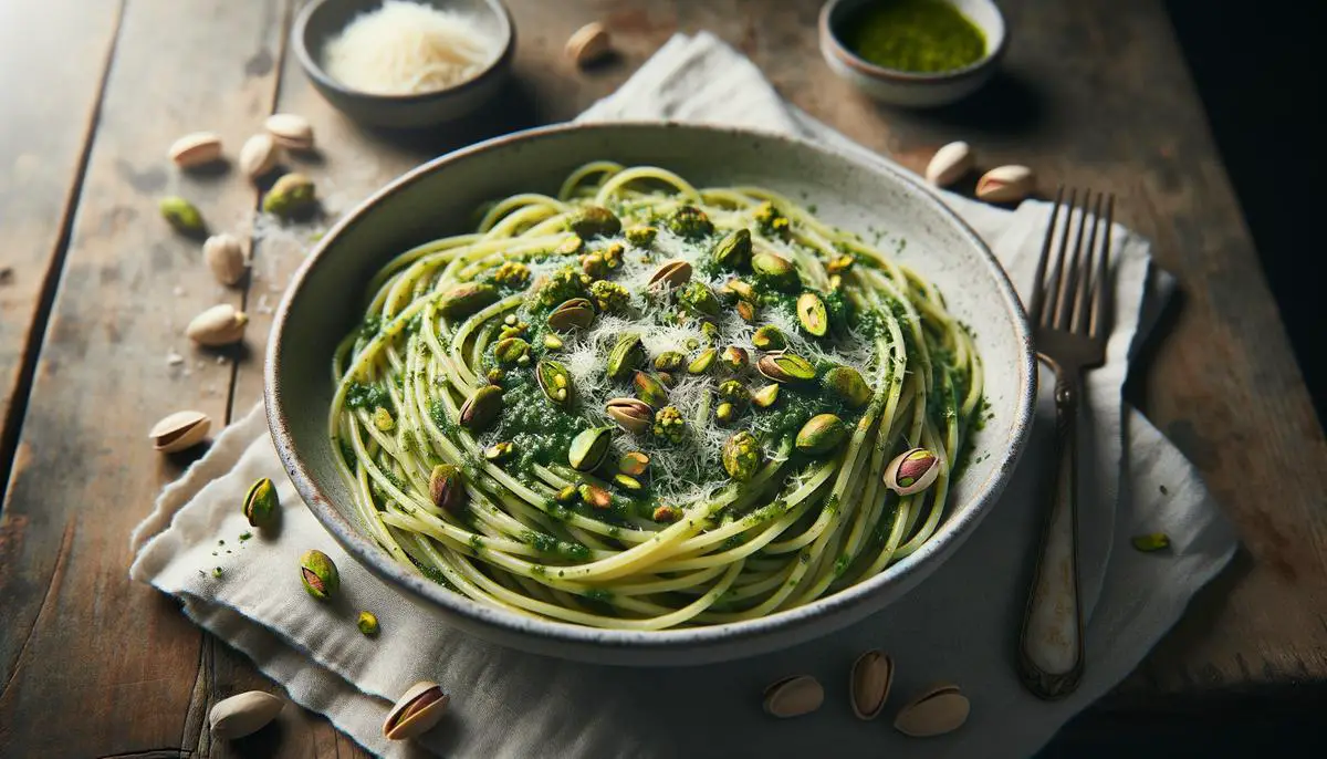 A bowl of spaghetti pasta tossed with vibrant green pistachio pesto sauce, garnished with grated Parmesan cheese and chopped pistachios