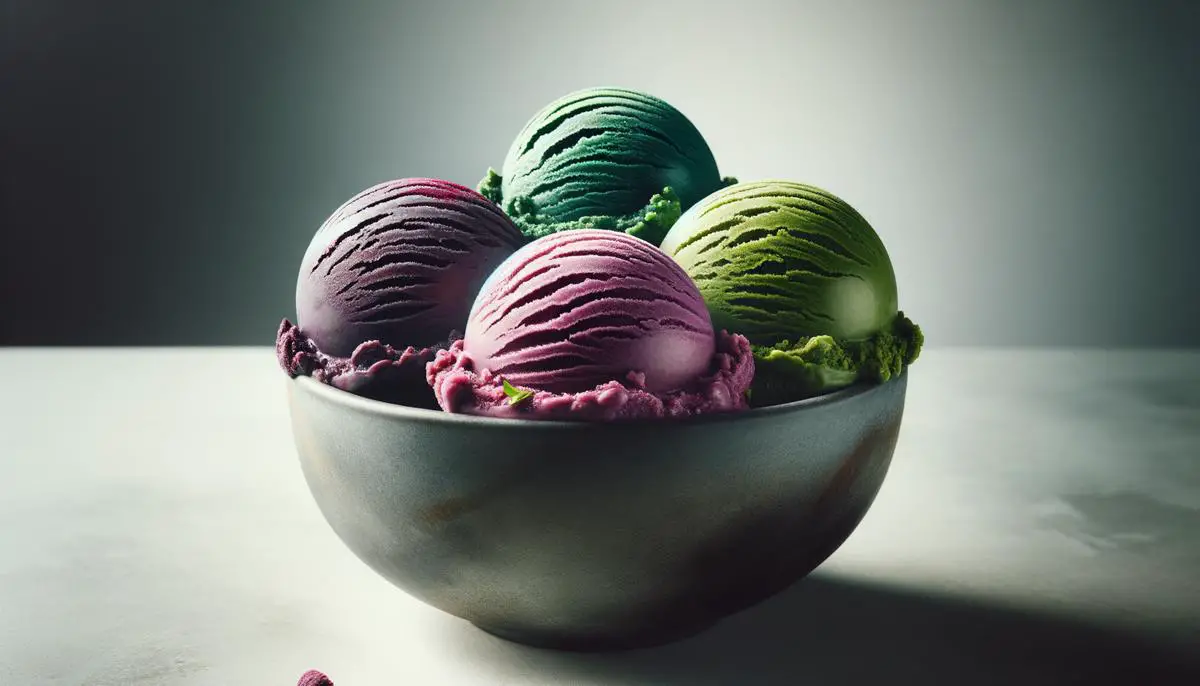 A scoop of vibrant, plant-based ice cream infused with superfoods like acai, spirulina, or matcha, showcasing the health-conscious and indulgent aspects of modern ice cream trends.