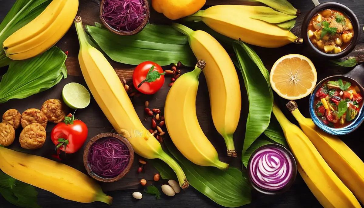 A colorful image of various plantain dishes from different cuisines around the world.