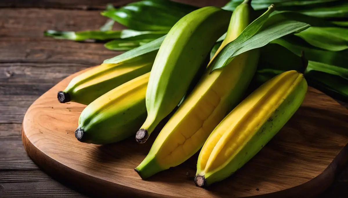 A close-up image of ripe plantains and green plantains on a wooden cutting board, showcasing their versatility and inviting experimentation.