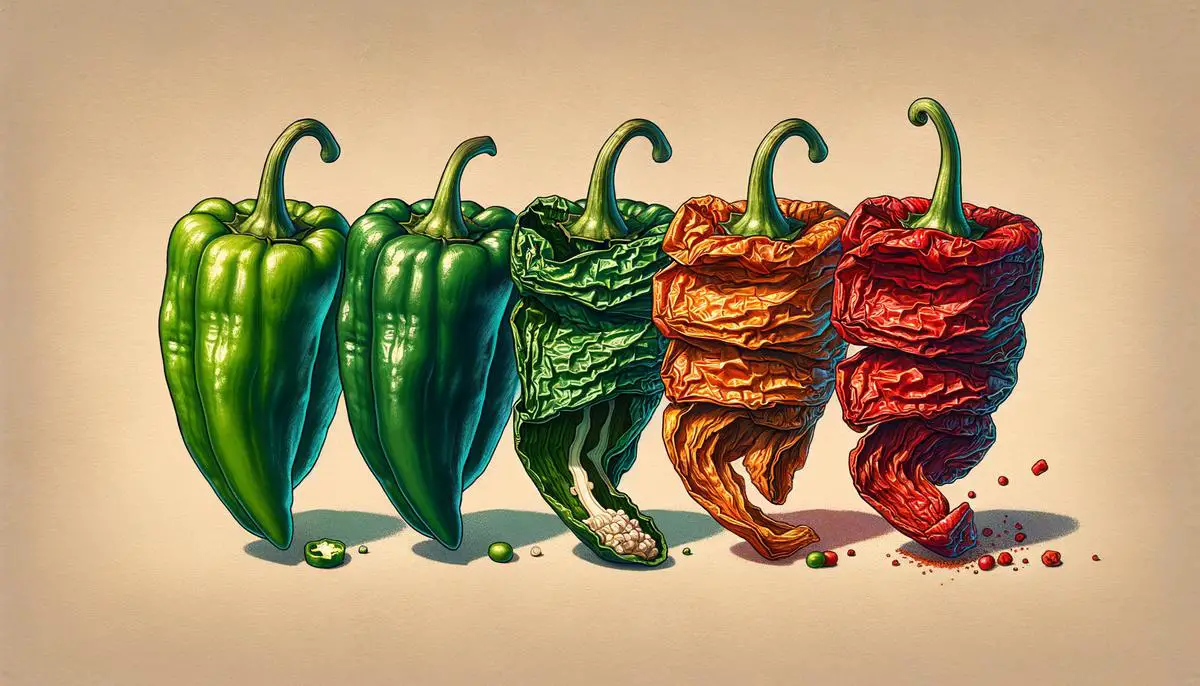 Illustration showing the transformation of fresh green poblano peppers to dried reddish-brown ancho peppers