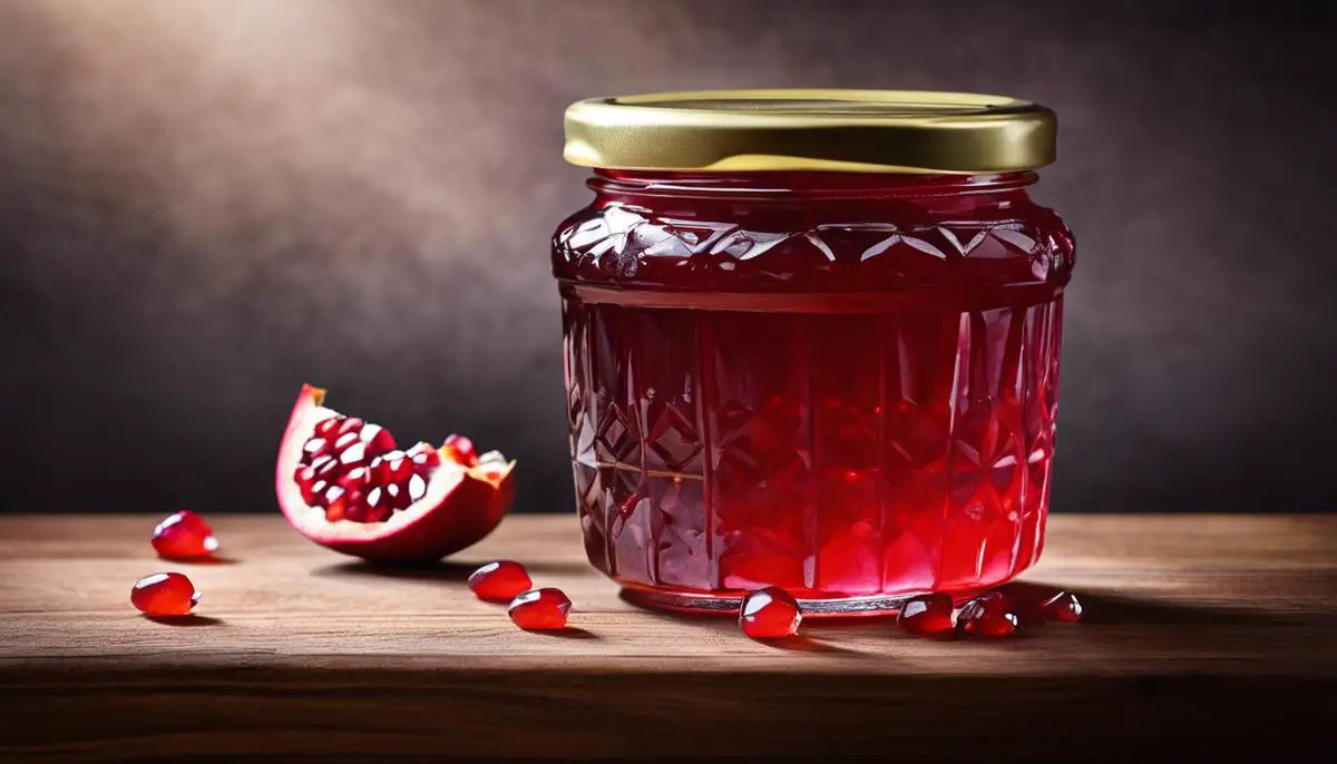 A jar of pomegranate jelly sitting on a wooden table, with a spoonful of jelly next to it.
