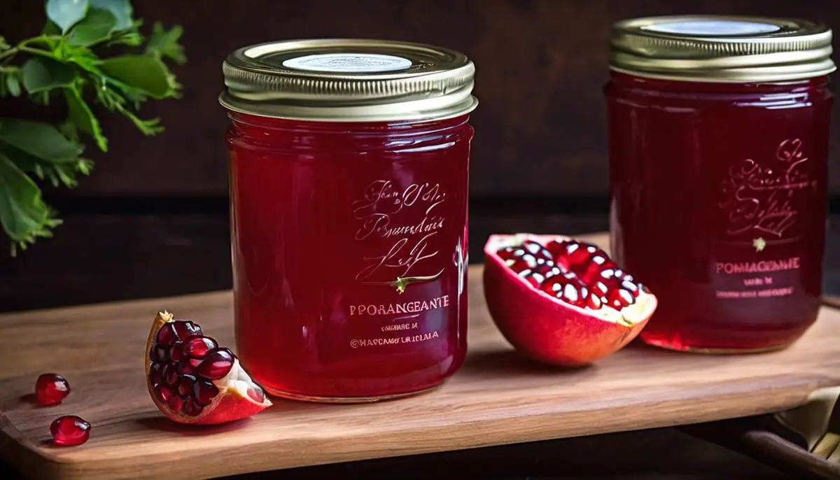 A jar of homemade pomegranate jelly, sparkling ruby-red and sealed with love.