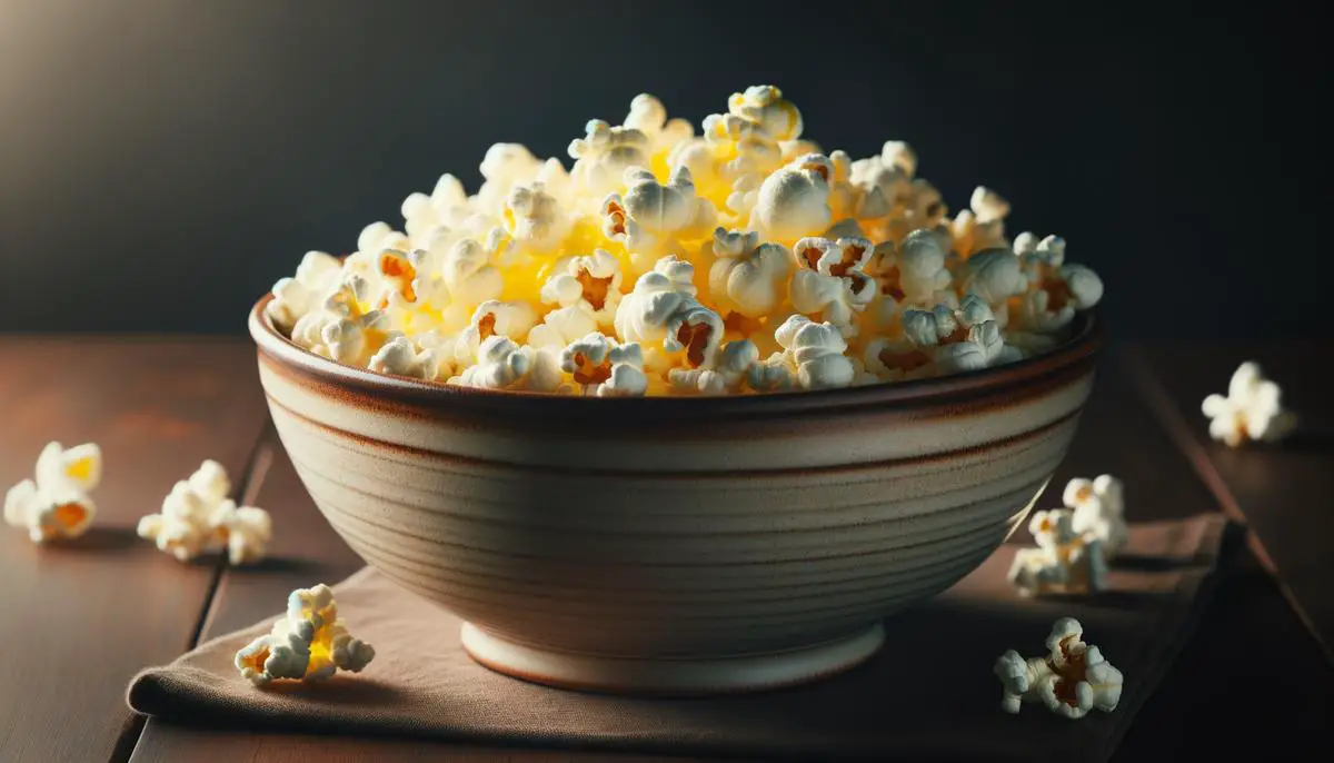A bowl of freshly popped popcorn with butter and seasoning, ready for a movie night
