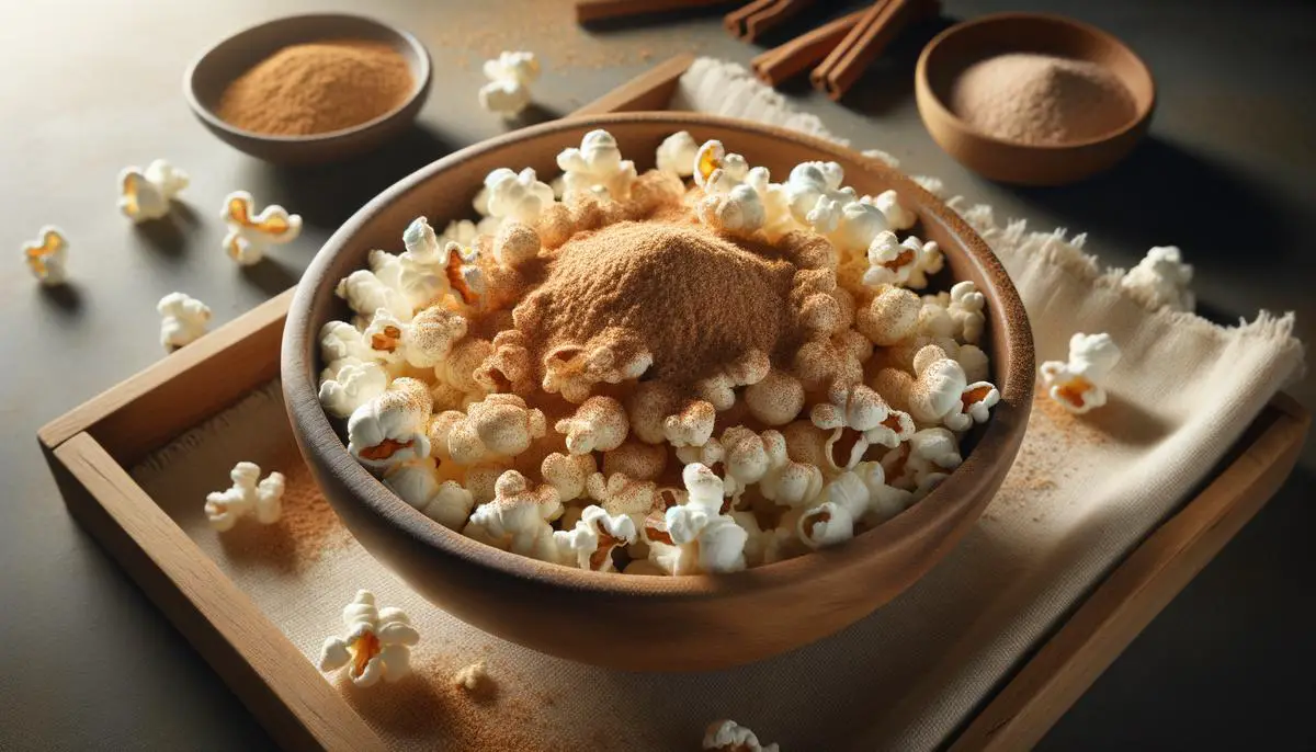 A close-up of freshly popped popcorn sprinkled with soy sauce powder in a wooden bowl