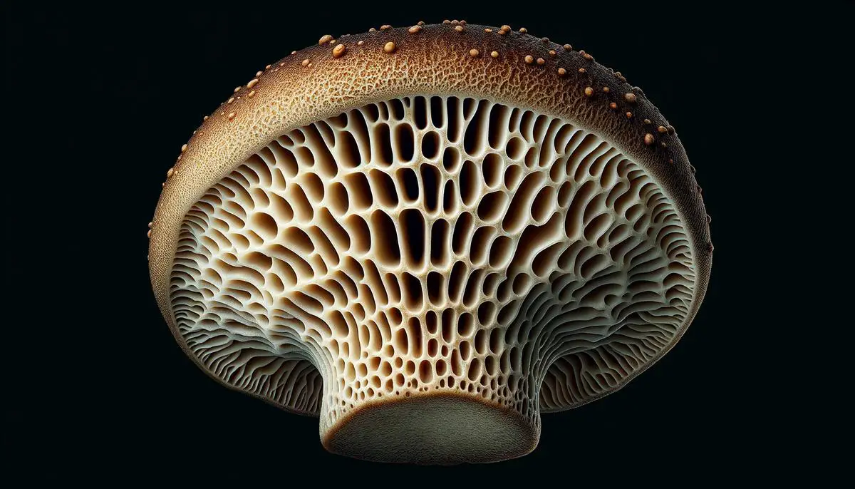 Close up view of the underside of a porcini mushroom cap showing the spongy pores
