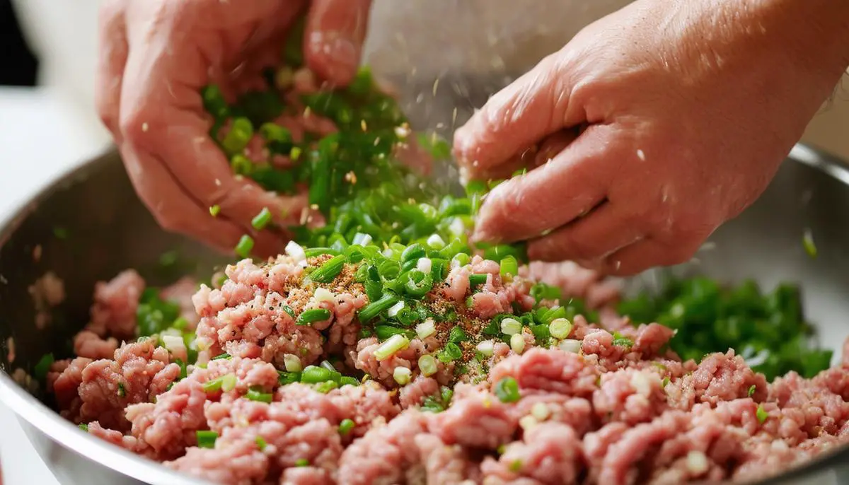 Hands mixing ground pork, Chinese chives, and seasonings in a large bowl to make pork dumpling filling