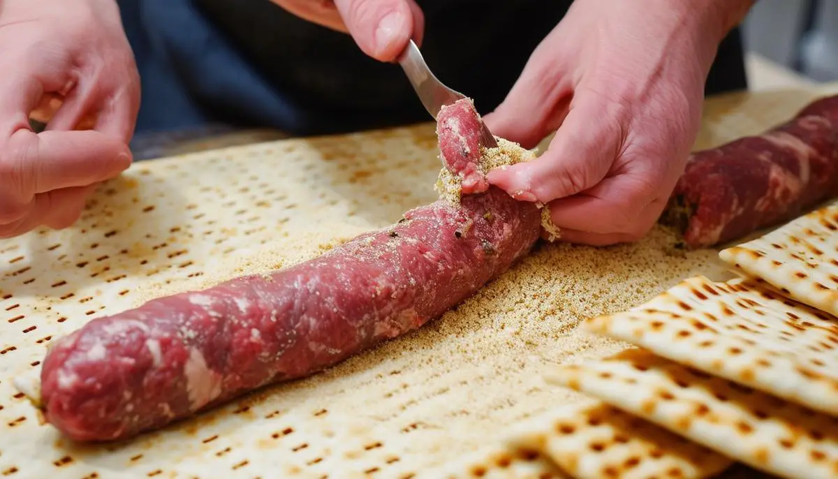 Hands stuffing a beef intestine casing with a matzo meal filling to make traditional kishka