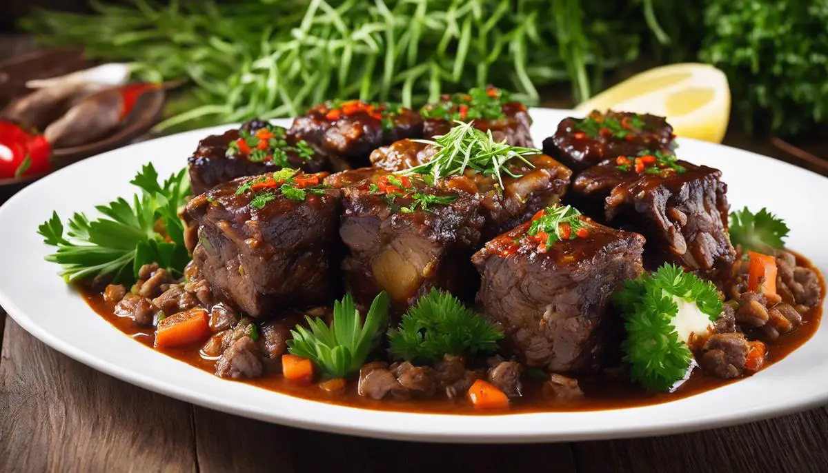A plate of succulent oxtail, perfectly cooked and seasoned, garnished with fresh herbs and spices.
