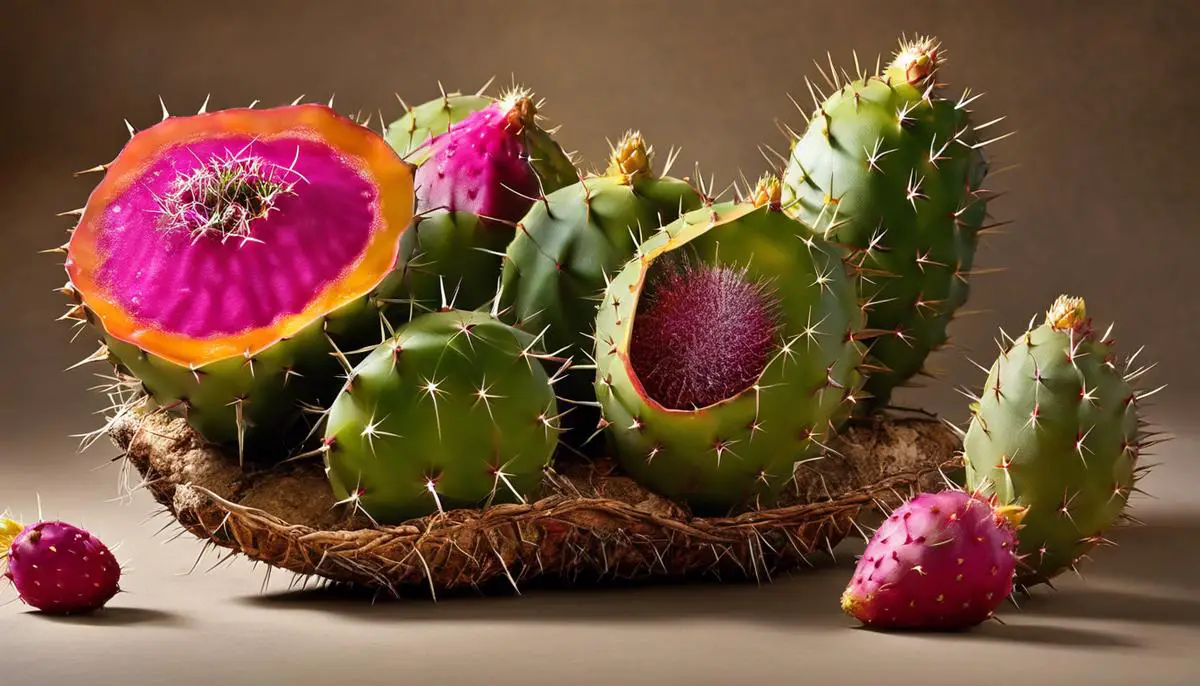 A vibrant prickly pear fruit in all its spiky glory