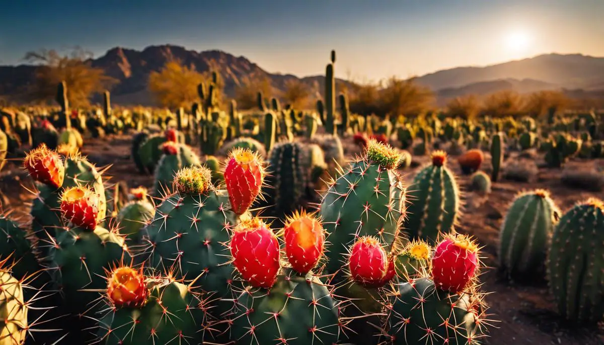 Image of ripe prickly pears on a cactus plant, ready for harvesting