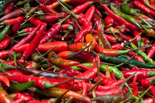 Prik chee fah Thai chili peppers in green and red colors