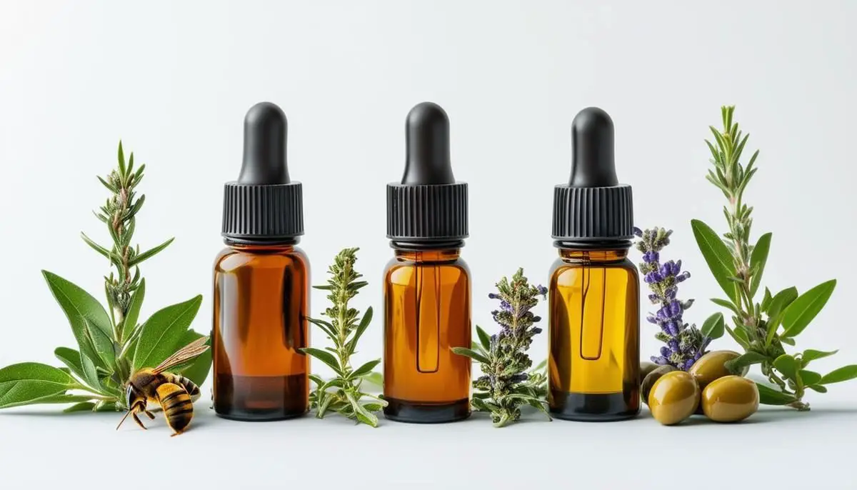 Popular herbal tinctures, including propolis, mugwort, and olive leaf, arranged on a plain background with their respective herb sprigs.