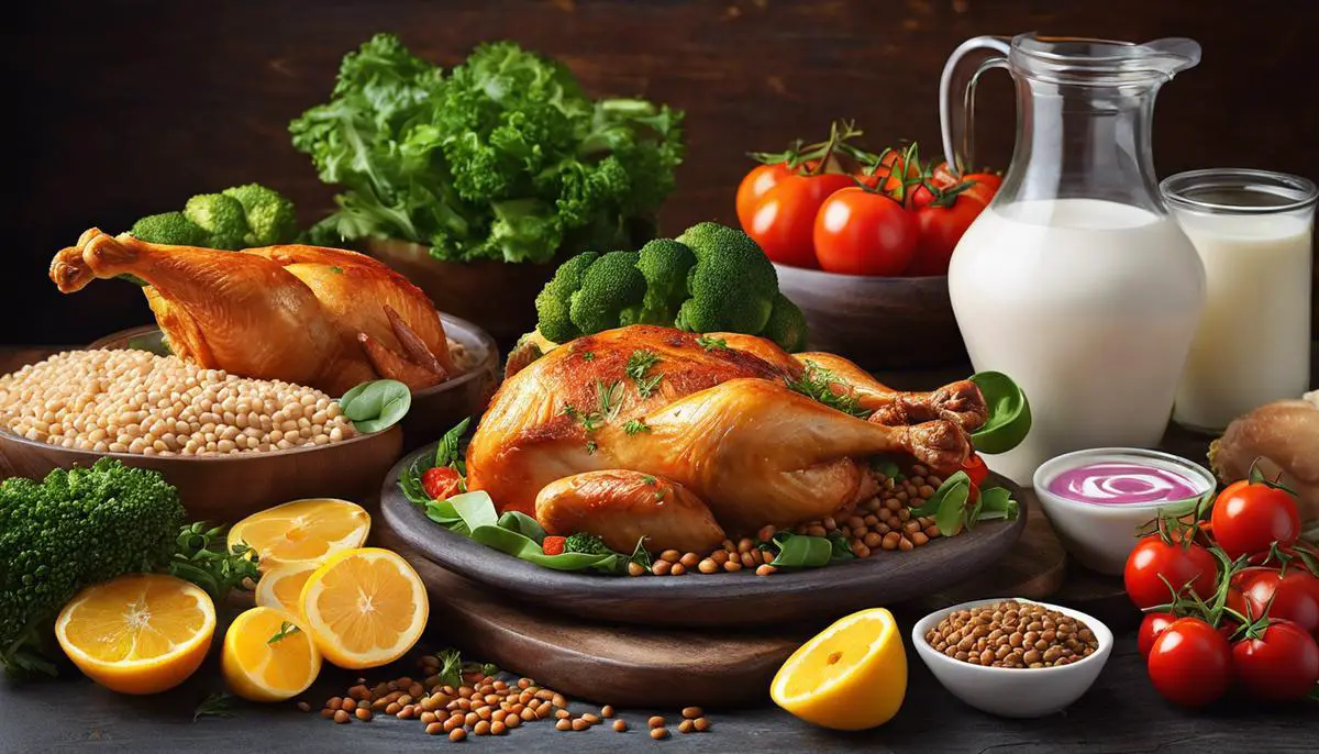 A vibrant image showcasing a variety of protein-rich foods like chicken, fish, lentils, and yogurt.