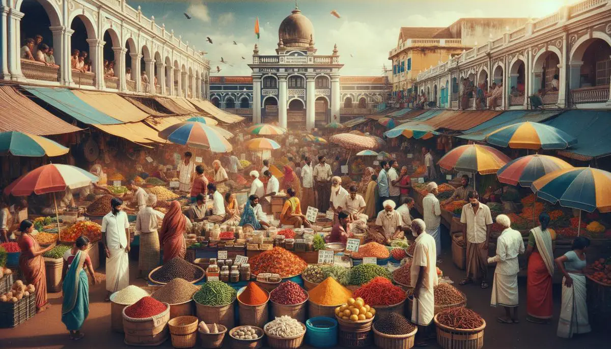 A bustling outdoor market in Puducherry, India with vendors selling colorful spices, vegetables and other goods