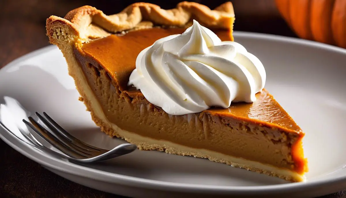 A slice of pumpkin pie with a dollop of whipped cream on top, served on a plate.