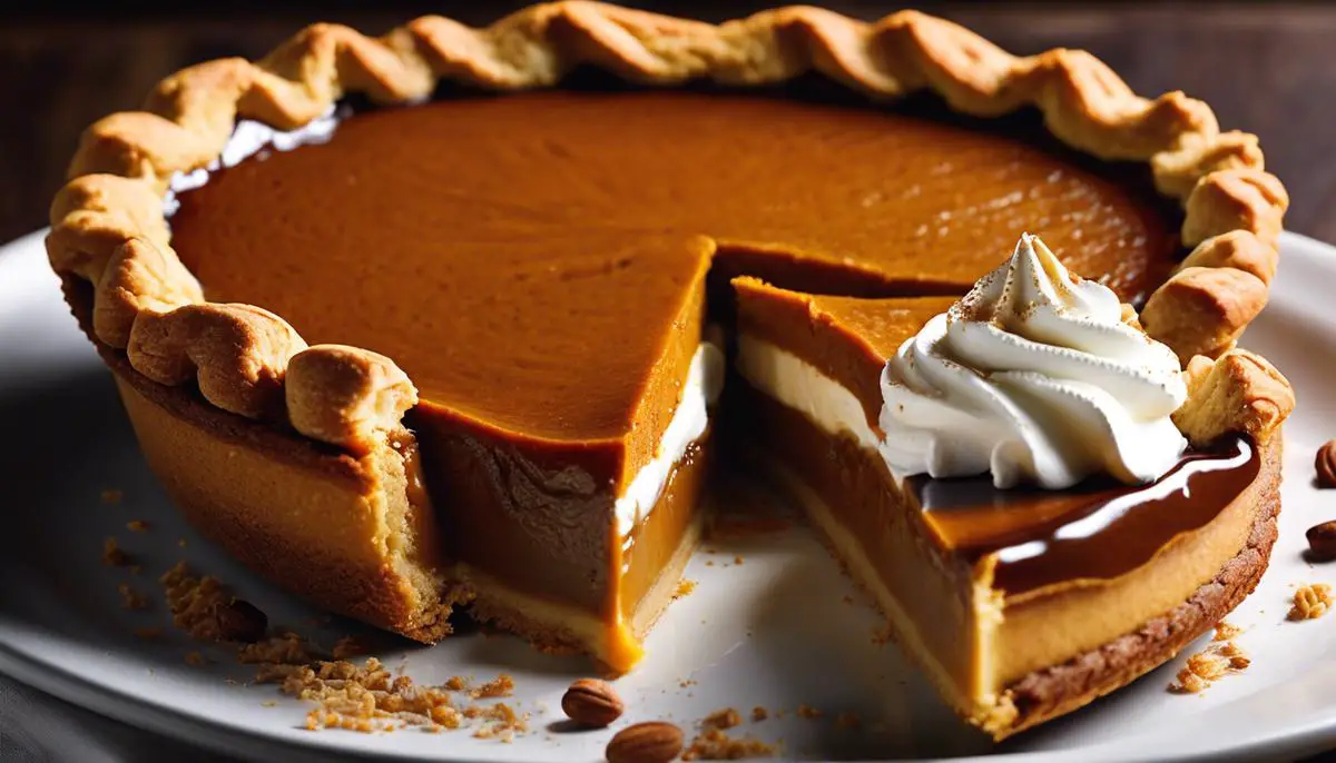 A delicious slice of pumpkin pie with whipped cream on top.