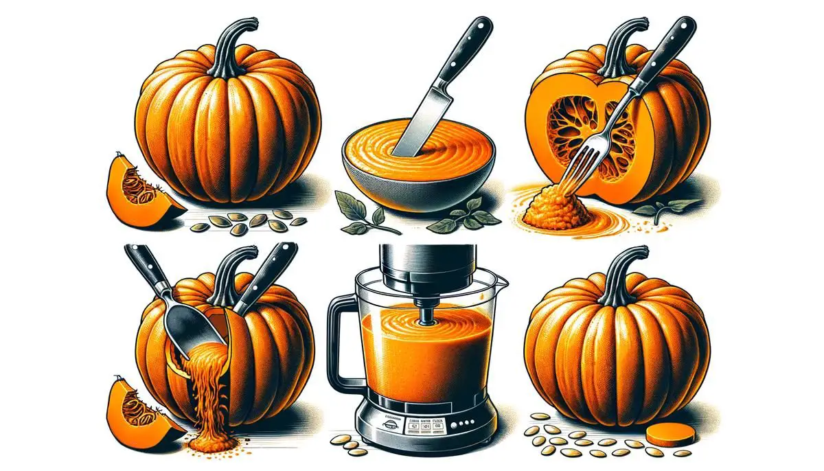 A pumpkin being sliced and prepared for pureeing with baking equipment in the background.