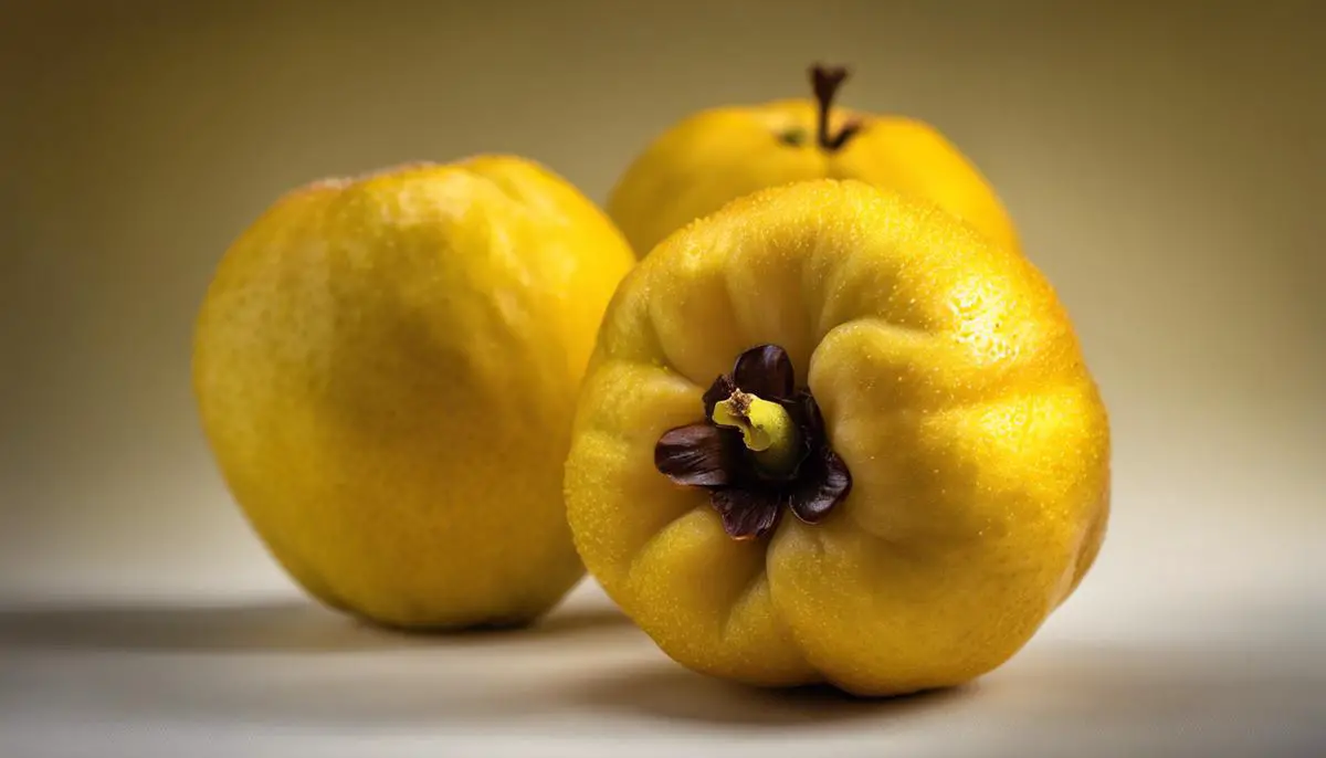 A close-up image of a quince fruit, with vibrant yellow colors and a bumpy texture.
