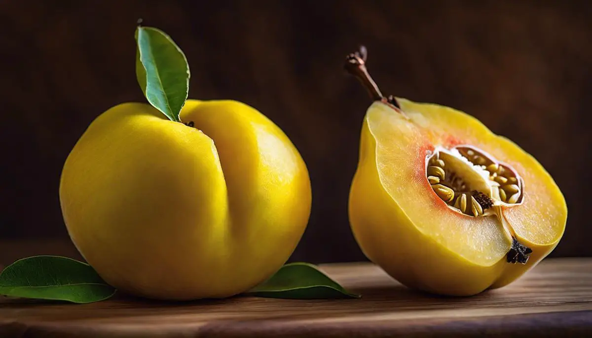 A close-up image of a yellow quince fruit sitting on a wooden cutting board, showcasing its vibrant color and unique shape.