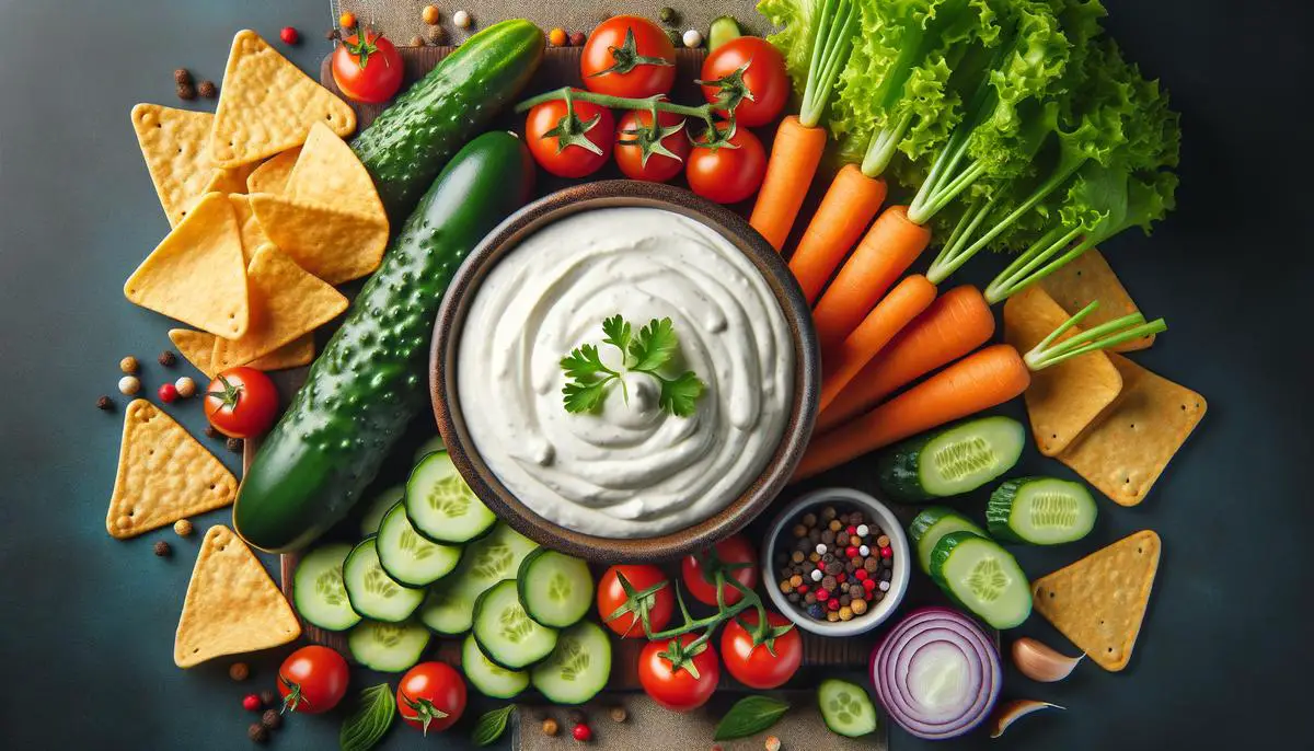 A creamy ranch dip in a bowl surrounded by fresh vegetables and chips