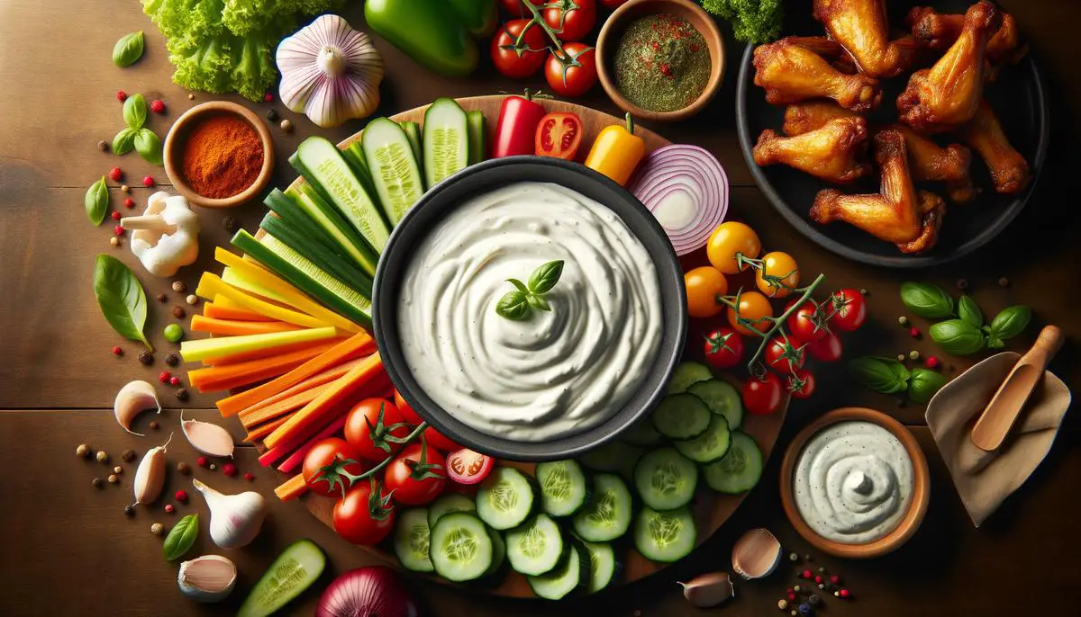 A delicious bowl of creamy ranch dip surrounded by fresh vegetables and crispy chicken wings