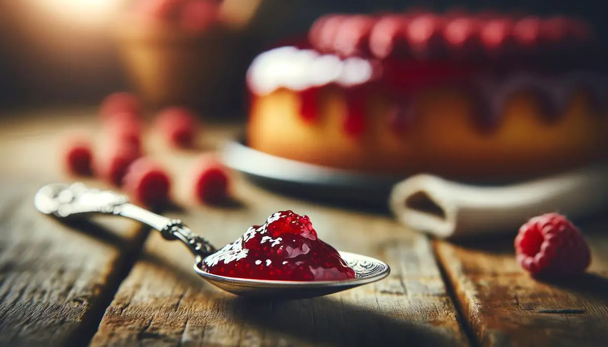 A delicious homemade raspberry filling on a spoon, ready to be added to a cake