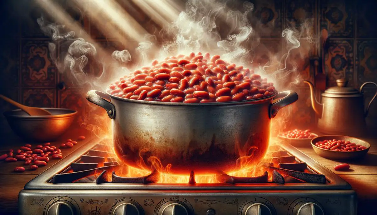 A pot of red kidney beans simmering on a stove with steam rising, showcasing the cooking process