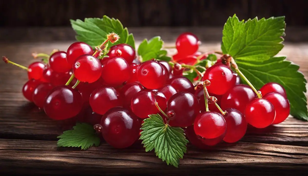 An image of ripe red currants sitting on a wooden table