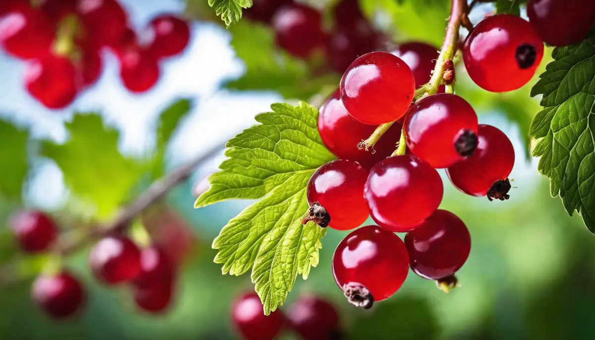 A close-up image of ripe red currants on a branch, showcasing their vibrant red color and shiny texture.