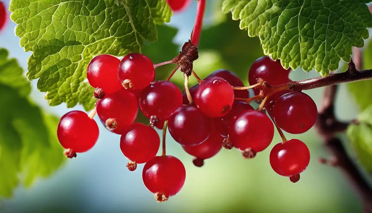 A close-up image of red currants, showcasing their vibrant color and clustered arrangement on a branch.