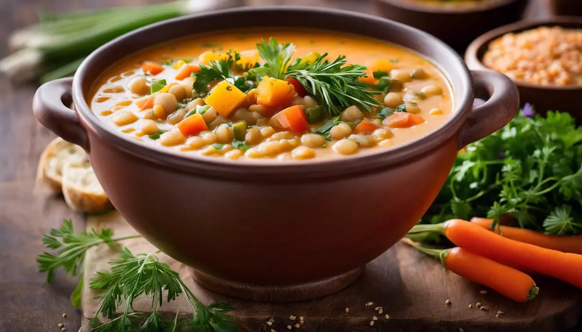 A steaming bowl of red lentil soup with colorful vegetables, herbs, and spices, perfectly showcasing the deliciousness of this comforting dish.