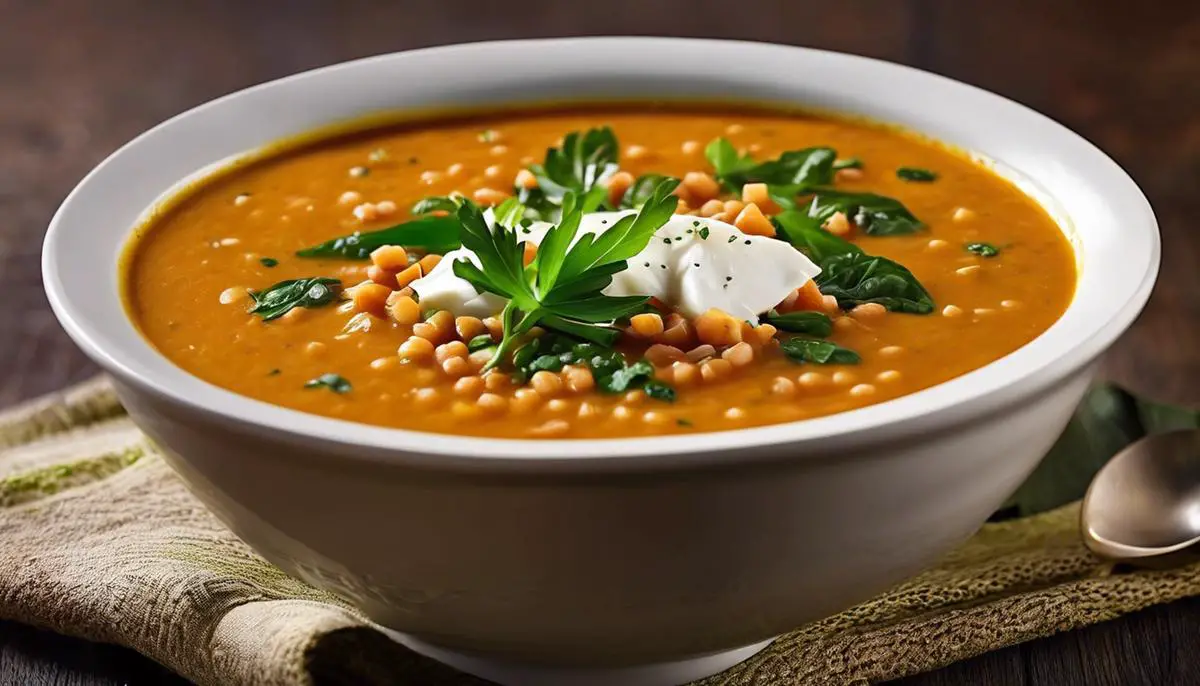 A bowl of red lentil soup with vibrant greens as a garnish