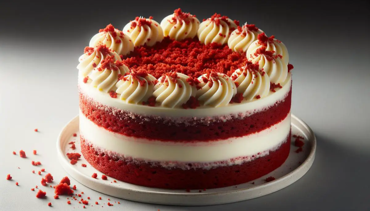 A delicious red velvet cake with cream cheese frosting decorated with crumbs