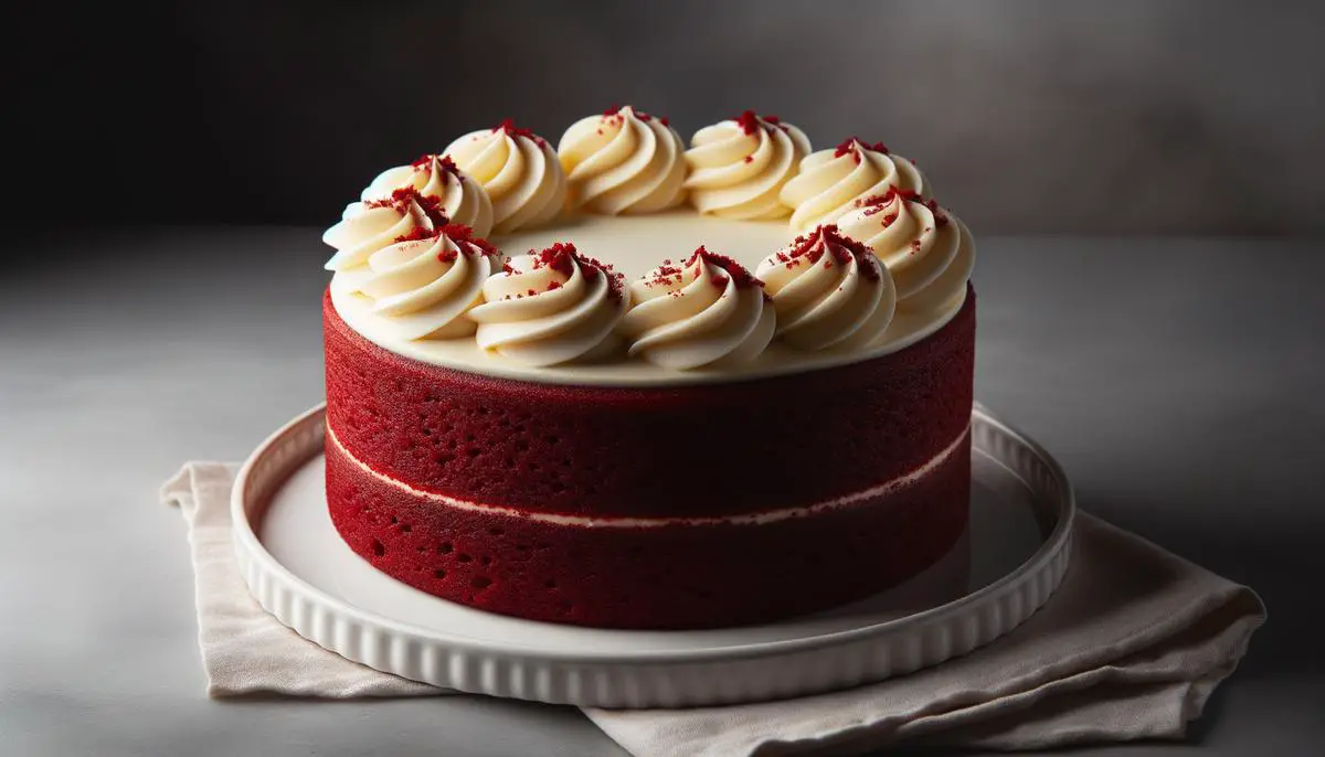 A decadent red velvet cake topped with creamy cream cheese frosting and a vibrant red hue