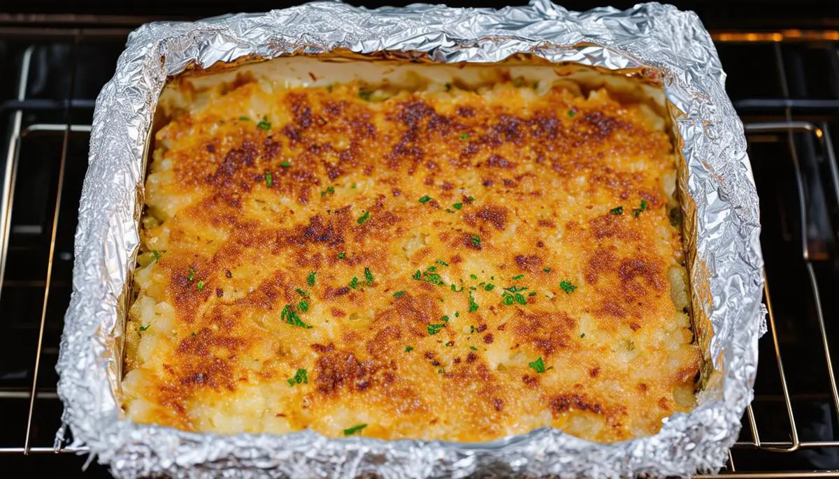 Reheating slumgullion in an oven-safe dish covered with foil